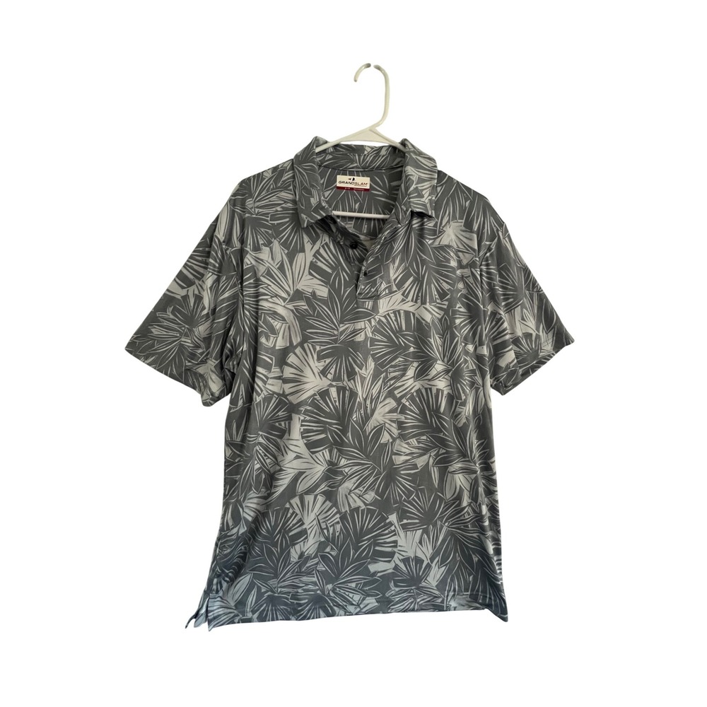 Grand Slam Performance Golf Polo Shirt Men's Medium Gray Leaf Print Short Sleeve